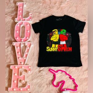 Sunny & Melon Black Graphic Tee with Colorful Characters